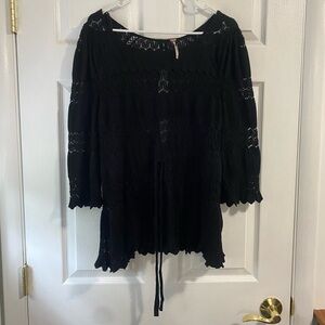 Free People Black Fire Island Crochet Knit Scalloped Hem Top Size L